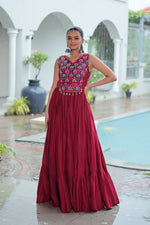 Thumbnail for Lorenvalley Fashion Maroon Rayon Kutchi Gamthi Thread Embroidered & mirror Work Gown
