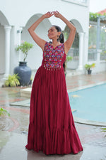 Thumbnail for Lorenvalley Fashion Maroon Rayon Kutchi Gamthi Thread Embroidered & mirror Work Gown