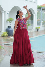 Thumbnail for Lorenvalley Fashion Maroon Rayon Kutchi Gamthi Thread Embroidered & mirror Work Gown