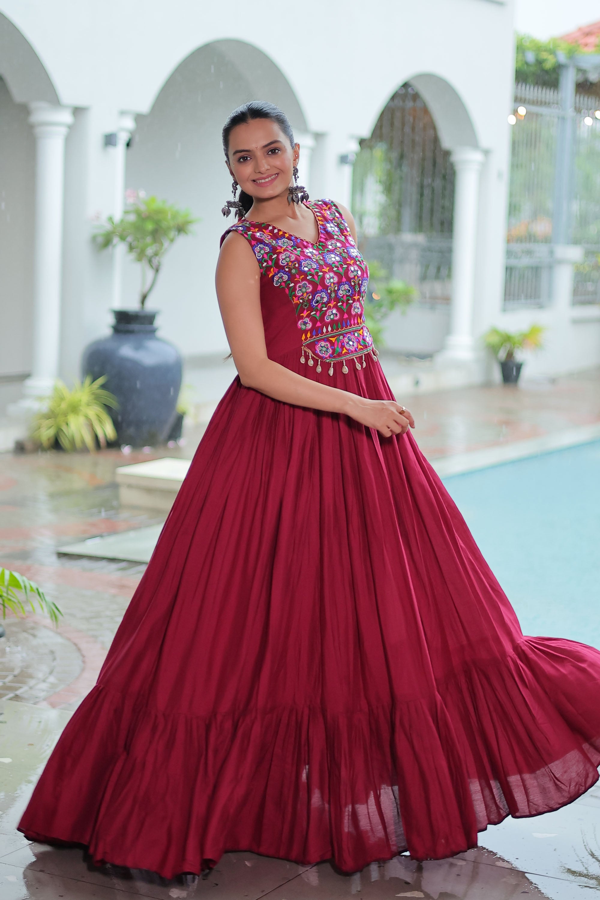 Lorenvalley Fashion Maroon Rayon Kutchi Gamthi Thread Embroidered & mirror Work Gown