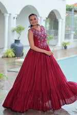 Thumbnail for Lorenvalley Fashion Maroon Rayon Kutchi Gamthi Thread Embroidered & mirror Work Gown
