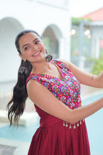 Thumbnail for Lorenvalley Fashion Maroon Rayon Kutchi Gamthi Thread Embroidered & mirror Work Gown