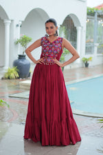 Thumbnail for Lorenvalley Fashion Maroon Rayon Kutchi Gamthi Thread Embroidered & mirror Work Gown