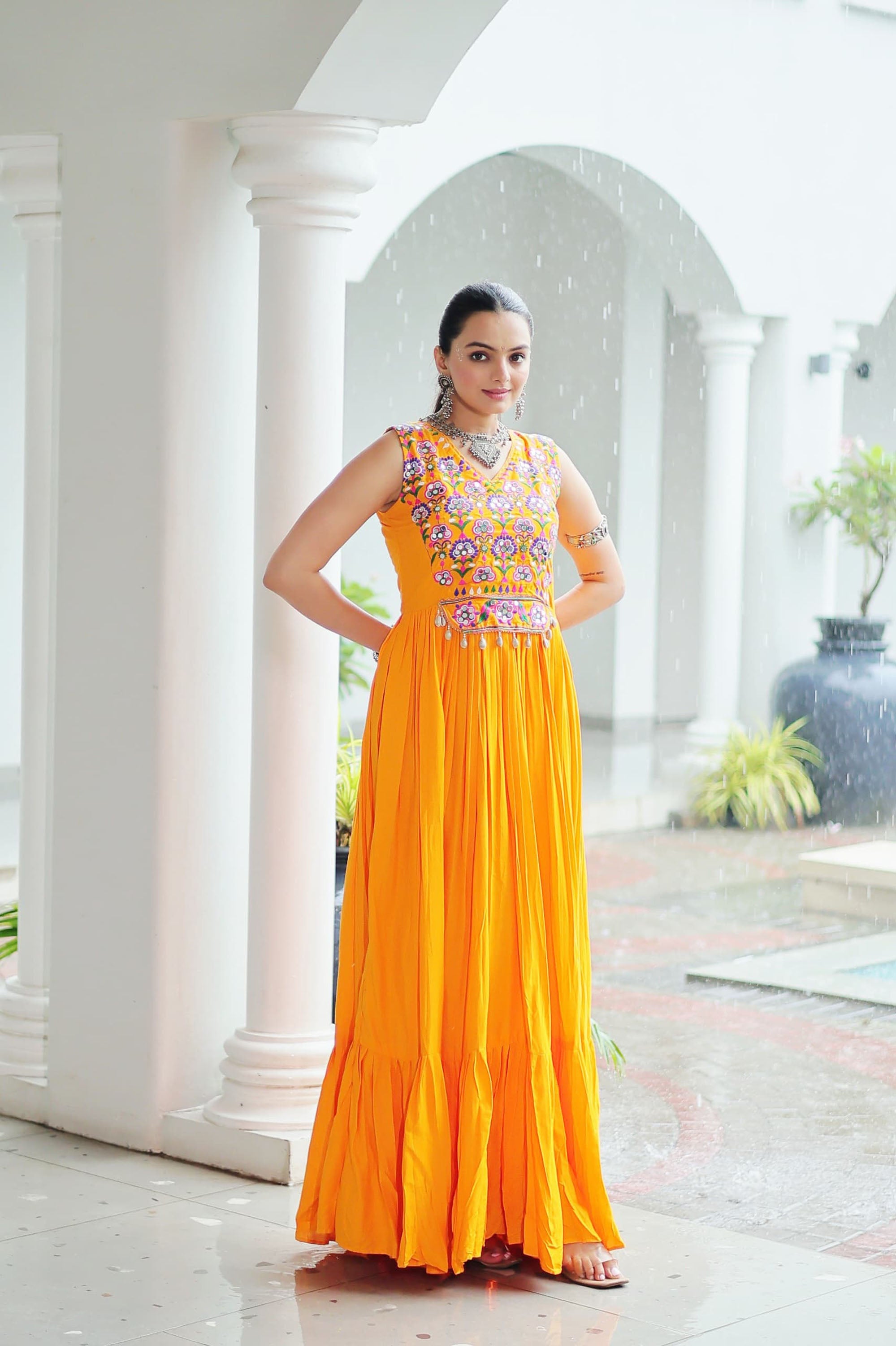 Lorenvalley Fashion Yellow Rayon Kutchi Gamthi Thread Embroidered & mirror Work Gown - Distacart