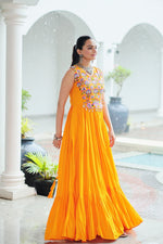 Thumbnail for Lorenvalley Fashion Yellow Rayon Kutchi Gamthi Thread Embroidered & mirror Work Gown