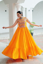 Thumbnail for Lorenvalley Fashion Yellow Rayon Kutchi Gamthi Thread Embroidered & mirror Work Gown
