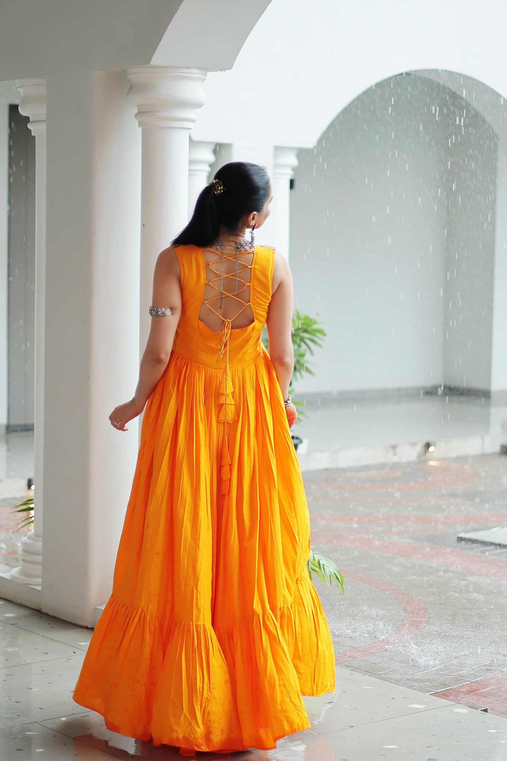 Lorenvalley Fashion Yellow Rayon Kutchi Gamthi Thread Embroidered & mirror Work Gown