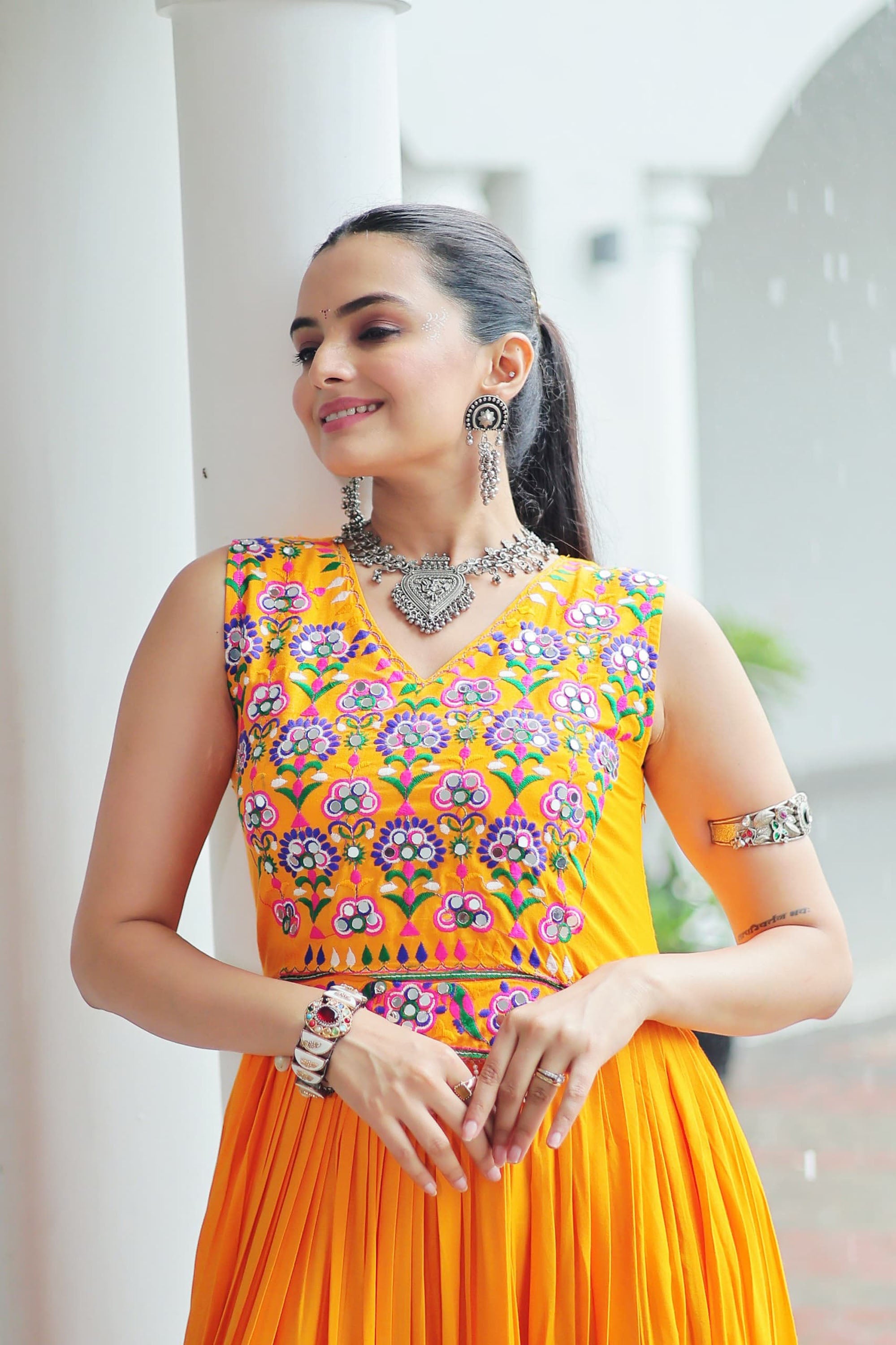 Lorenvalley Fashion Yellow Rayon Kutchi Gamthi Thread Embroidered & mirror Work Gown