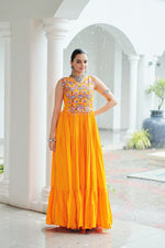 Thumbnail for Lorenvalley Fashion Yellow Rayon Kutchi Gamthi Thread Embroidered & mirror Work Gown