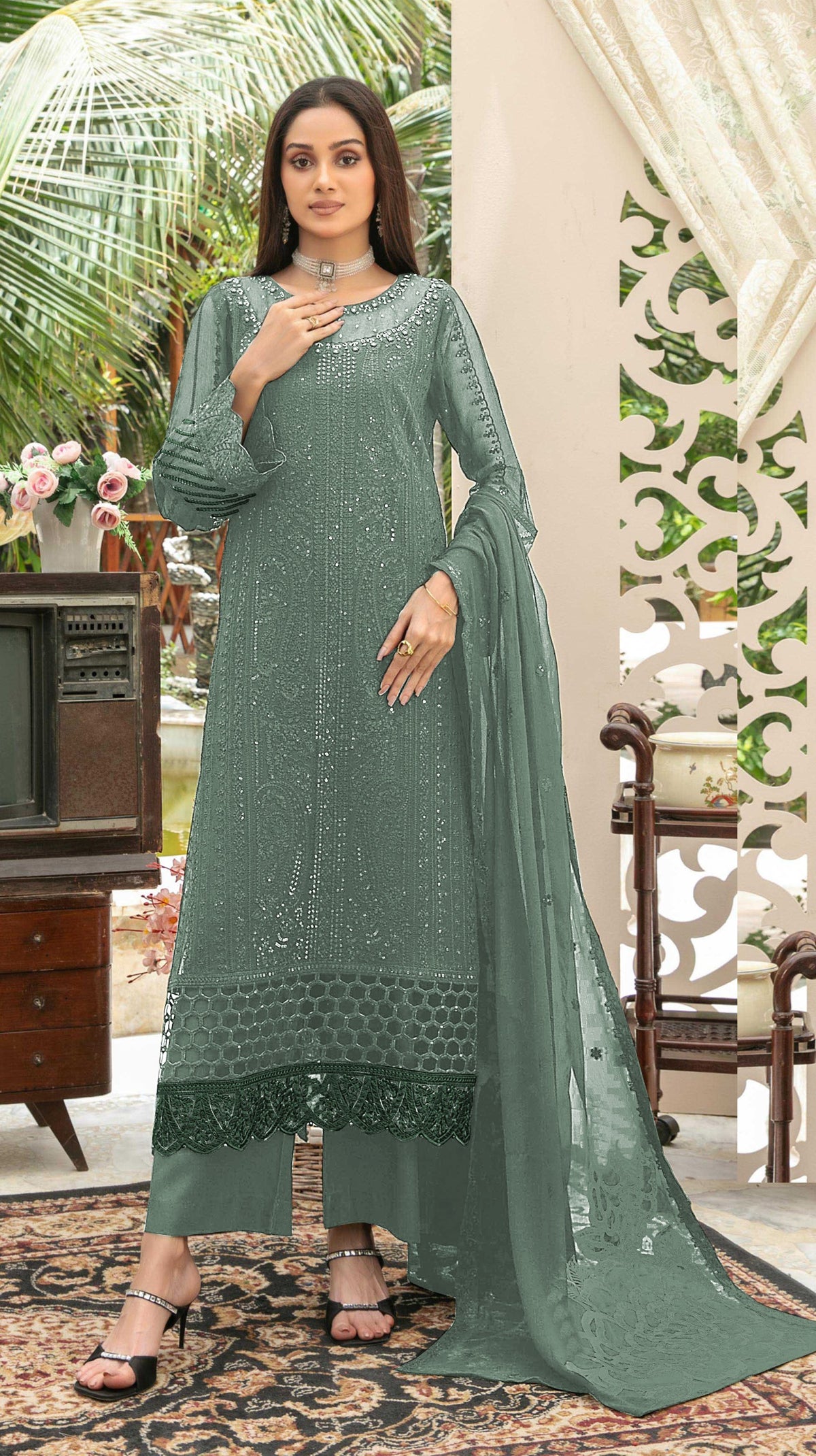 Anaita Sea Green Chiffon Semi Stitched Suit with Thread Embroidery & Sequence Work - Dista