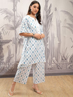 Thumbnail for Vishudh White & Blue Floral Printed Pure Cotton Straight Kurta with Trousers
