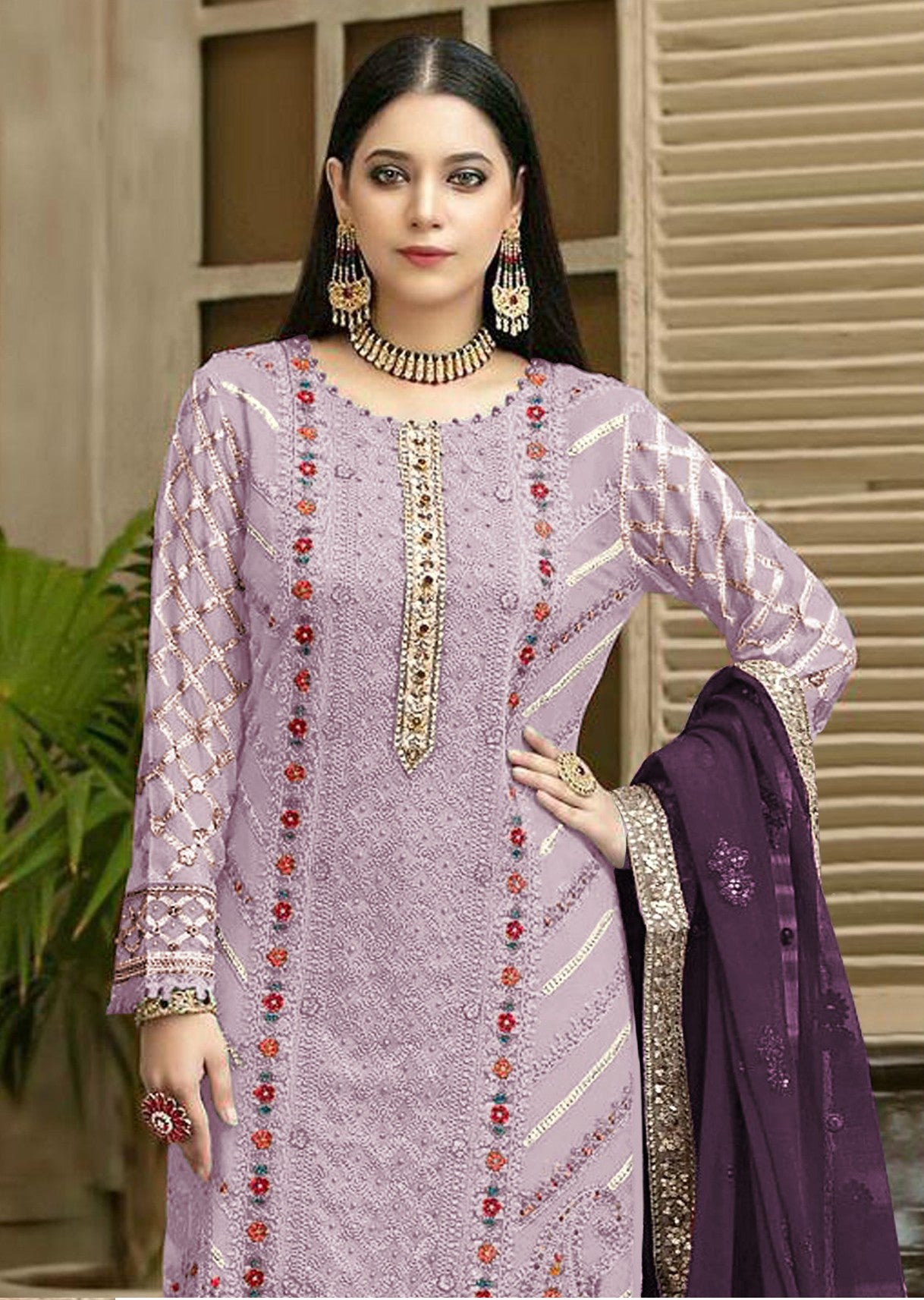 Anaita Lavender Chiffon Semi Stitched Suit with Thread Embroidery & Sequence Work - Dista