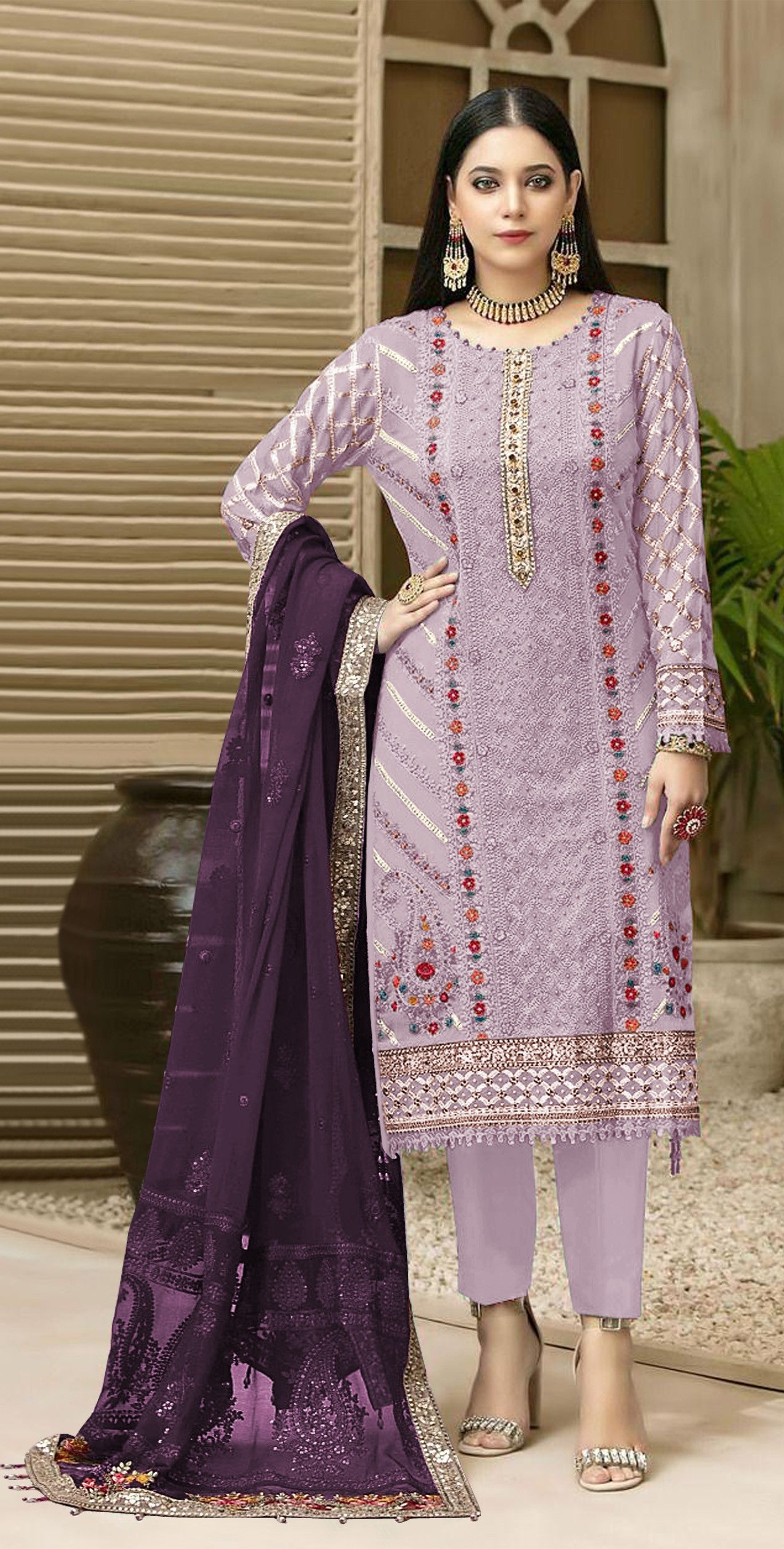 Anaita Lavender Chiffon Semi Stitched Suit with Thread Embroidery & Sequence Work - Dista