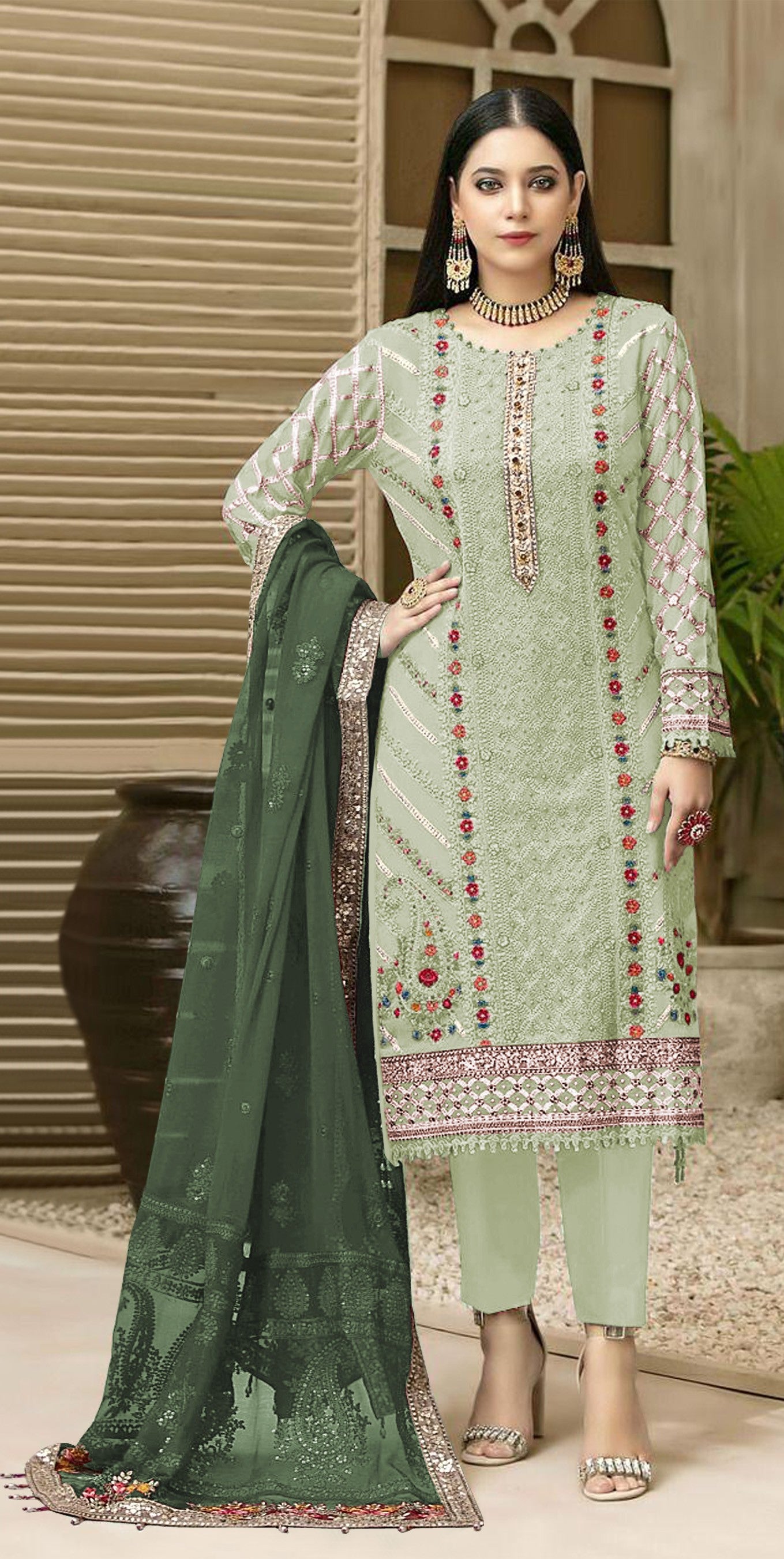 Anaita Green Chiffon Semi Stitched Suit with Thread Embroidery & Sequence Work - Dista
