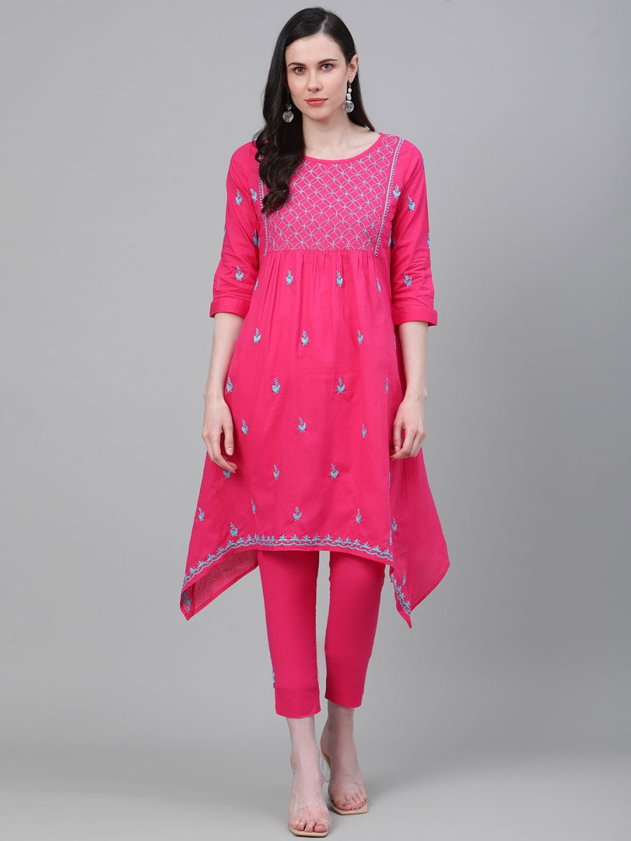 ADA Women Pink & Blue Chikankari Embroidered Cotton Handloom Kurta with Trousers - Distacart