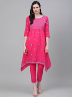Thumbnail for ADA Women Pink & Blue Chikankari Embroidered Cotton Handloom Kurta with Trousers - Distacart