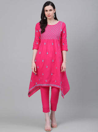 ADA Women Pink & Blue Chikankari Embroidered Cotton Handloom Kurta with Trousers - Distacart