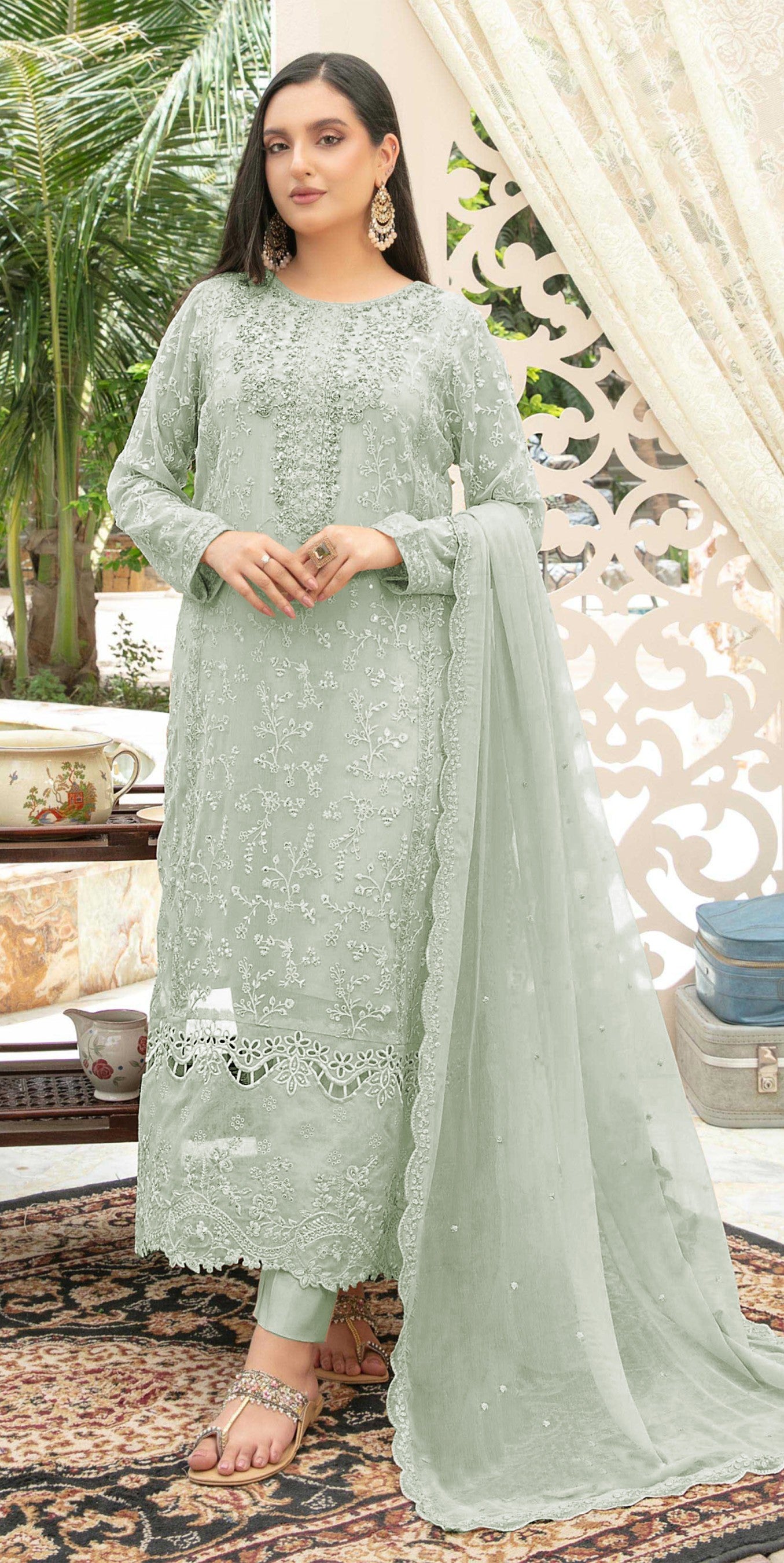 Anaita Sea Green Chiffon Semi Stitched Suit with Thread Embroidery & Sequence Work - Dista
