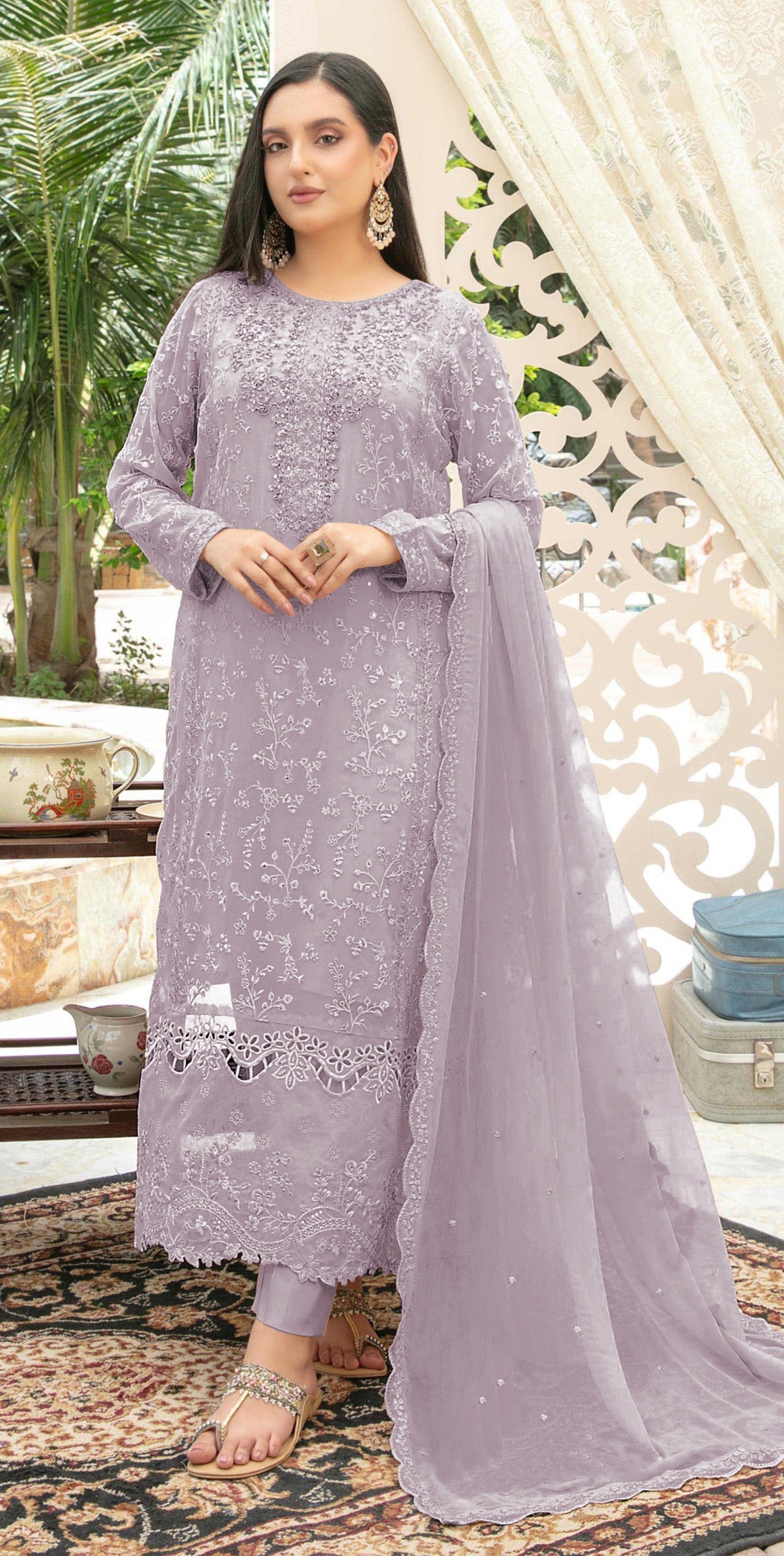Anaita Lavender Chiffon Semi Stitched Suit with Thread Embroidery & Sequence Work - Dista