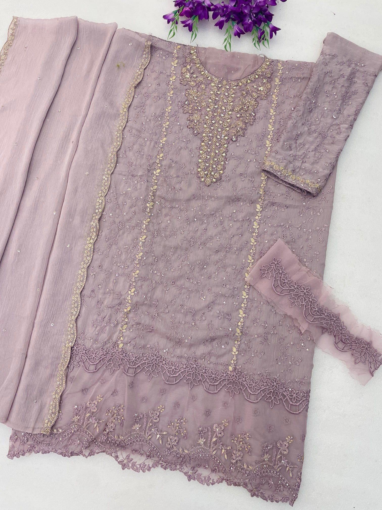 Anaita Lavender Chiffon Semi Stitched Suit with Thread Embroidery & Sequence Work - Dista