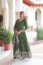 Thumbnail for Lorenvalley Fashion Mehendi Vichitra Silk with Rich Sequins & Zari Embroidered work Anarkali Gown with Dupatta - Distacart