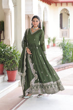 Thumbnail for Lorenvalley Fashion Mehendi Vichitra Silk with Rich Sequins & Zari Embroidered work Anarkali Gown with Dupatta - Distacart