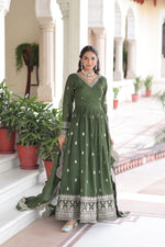 Thumbnail for Lorenvalley Fashion Mehendi Vichitra Silk with Rich Sequins & Zari Embroidered work Anarkali Gown with Dupatta - Distacart