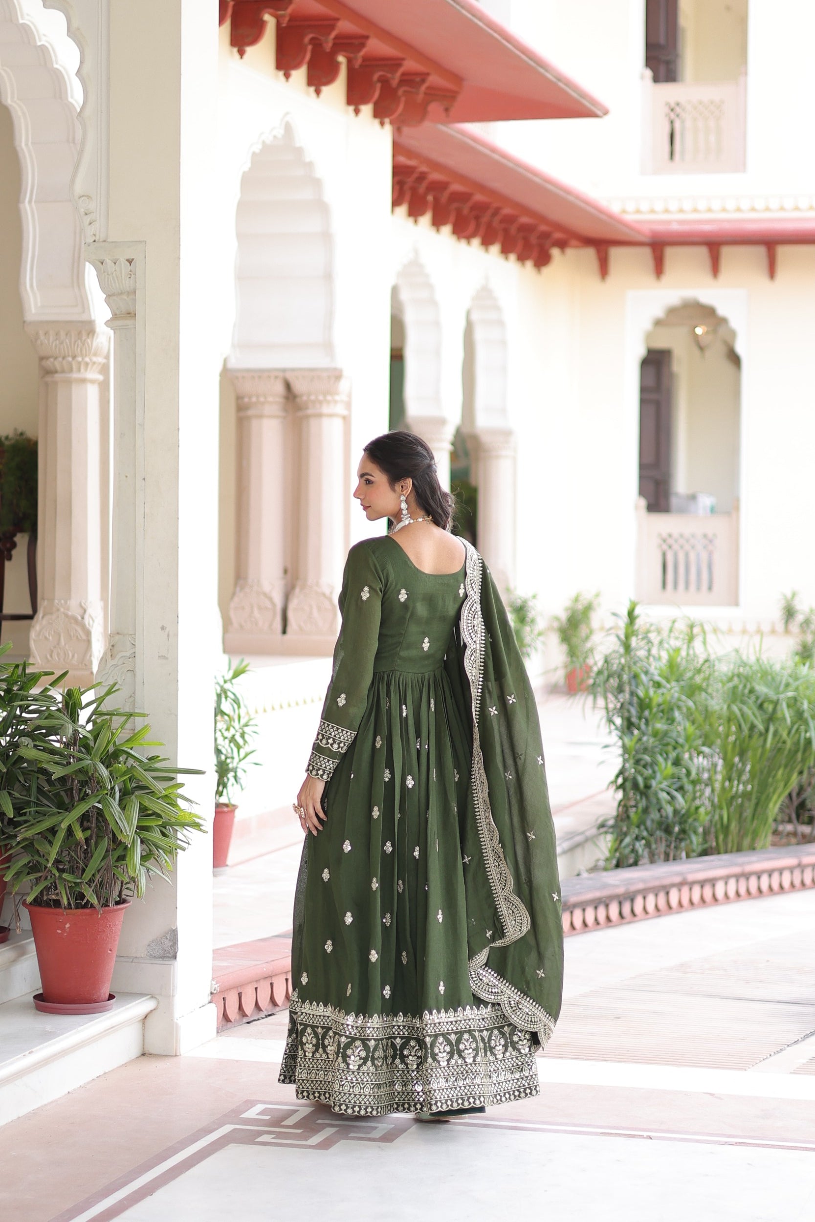 Lorenvalley Fashion Mehendi Vichitra Silk with Rich Sequins & Zari Embroidered work Anarkali Gown with Dupatta - Distacart