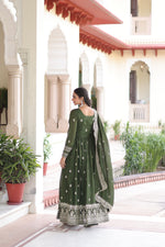 Thumbnail for Lorenvalley Fashion Mehendi Vichitra Silk with Rich Sequins & Zari Embroidered work Anarkali Gown with Dupatta - Distacart