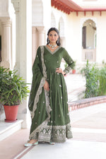 Thumbnail for Lorenvalley Fashion Mehendi Vichitra Silk with Rich Sequins & Zari Embroidered work Anarkali Gown with Dupatta - Distacart