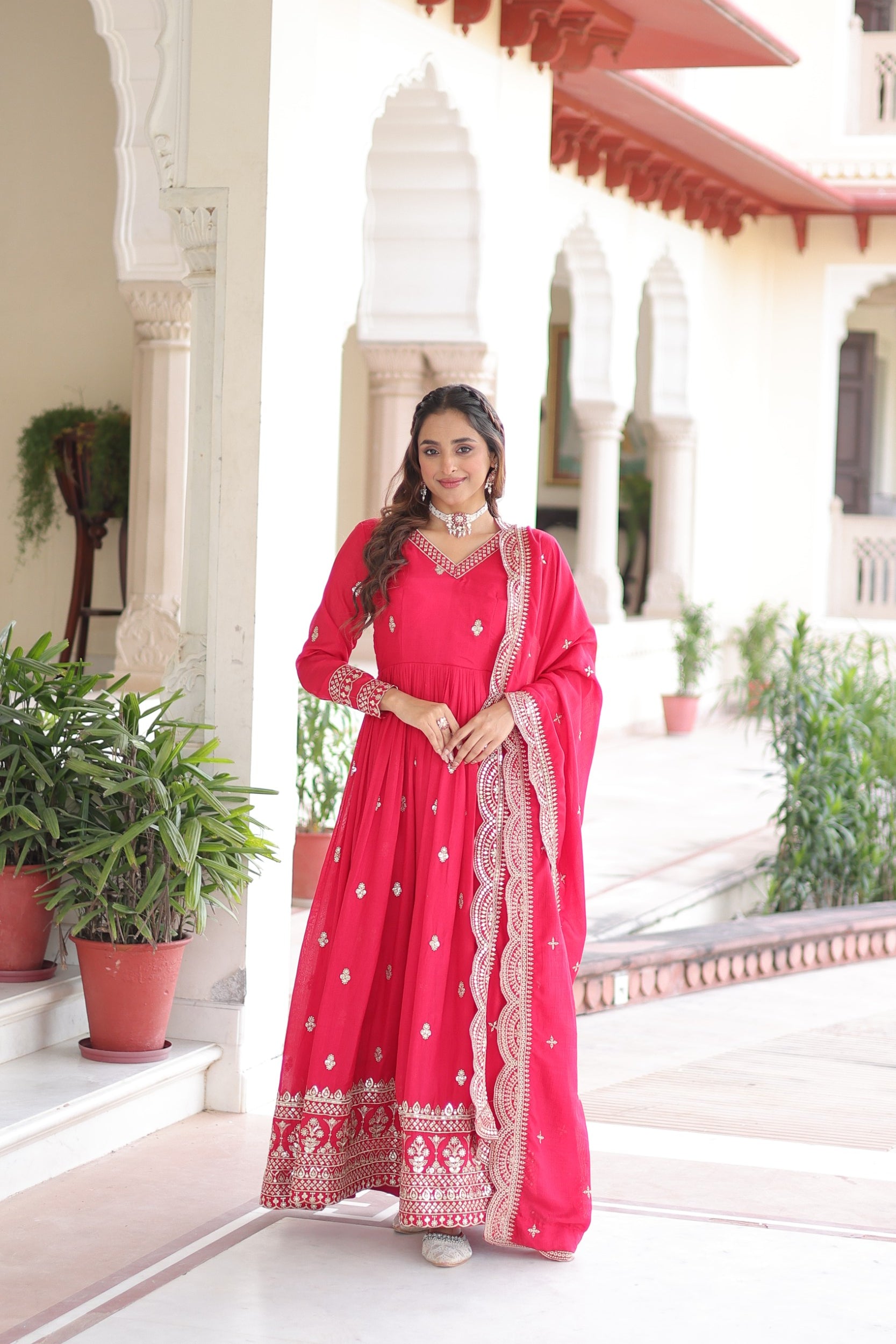 Lorenvalley Fashion Pink Vichitra Silk with Rich Sequins & Zari Embroidered work Anarkali Gown with Dupatta - Distacart