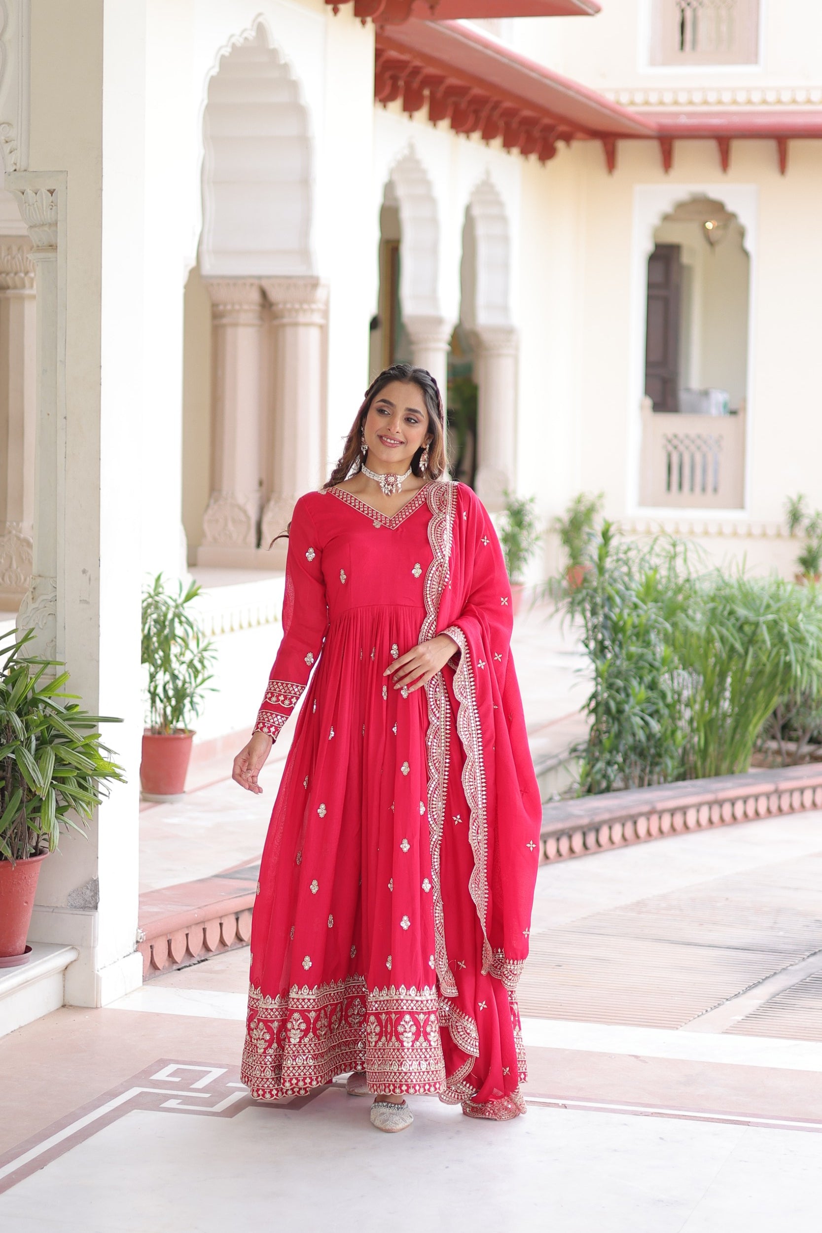 Lorenvalley Fashion Pink Vichitra Silk with Rich Sequins & Zari Embroidered work Anarkali Gown with Dupatta - Distacart