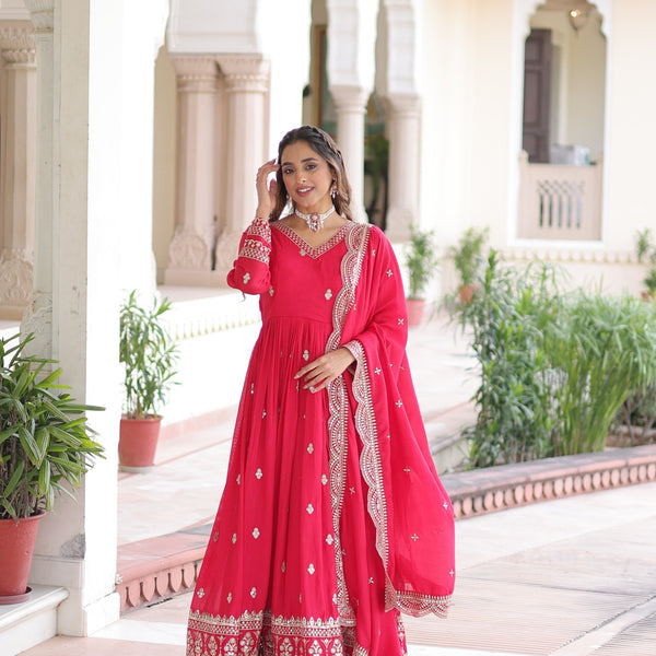 Lorenvalley Fashion Pink Vichitra Silk with Rich Sequins & Zari Embroidered work Anarkali Gown with Dupatta - Distacart