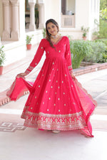 Thumbnail for Lorenvalley Fashion Pink Vichitra Silk with Rich Sequins & Zari Embroidered work Anarkali Gown with Dupatta - Distacart