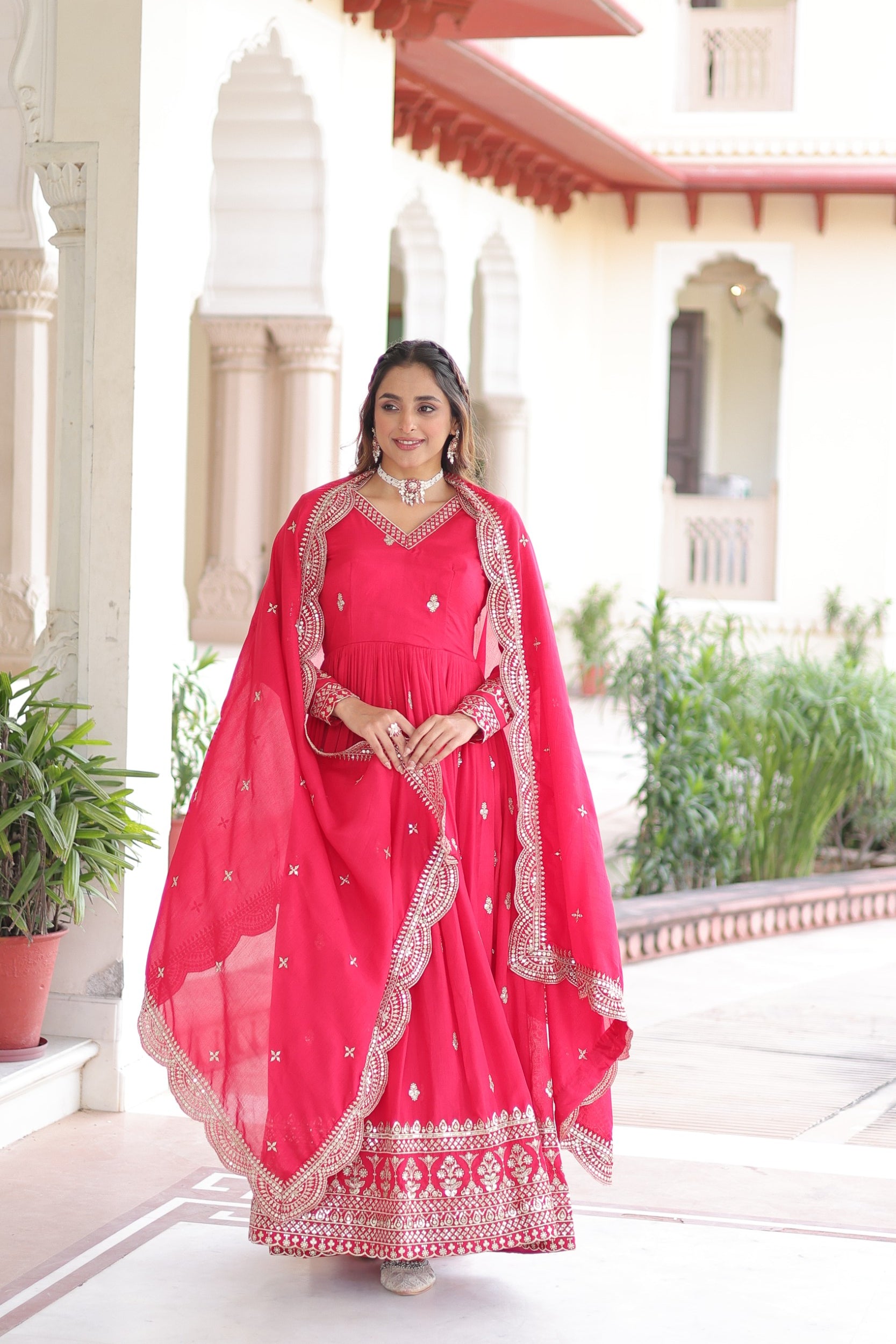 Lorenvalley Fashion Pink Vichitra Silk with Rich Sequins & Zari Embroidered work Anarkali Gown with Dupatta - Distacart