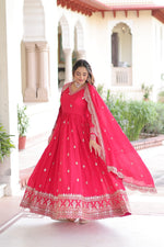 Thumbnail for Lorenvalley Fashion Pink Vichitra Silk with Rich Sequins & Zari Embroidered work Anarkali Gown with Dupatta - Distacart