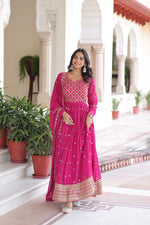 Thumbnail for Lorenvalley Fashion Pink Faux Georgette with Rich Sequins & Zari Embroidered work Anarkali Gown with Dupatta - Distacart