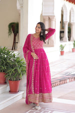 Thumbnail for Lorenvalley Fashion Pink Faux Georgette with Rich Sequins & Zari Embroidered work Anarkali Gown with Dupatta - Distacart