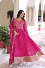 Thumbnail for Lorenvalley Fashion Pink Faux Georgette with Rich Sequins & Zari Embroidered work Anarkali Gown with Dupatta - Distacart
