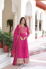 Thumbnail for Lorenvalley Fashion Pink Faux Georgette with Rich Sequins & Zari Embroidered work Anarkali Gown with Dupatta - Distacart