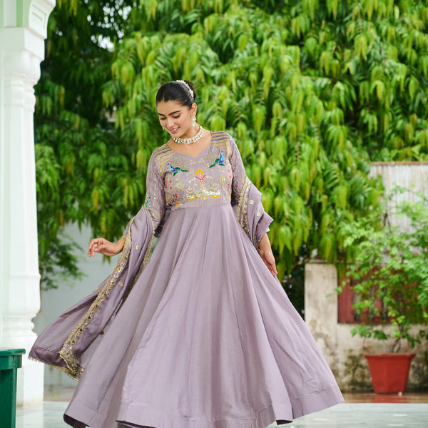 Lorenvalley Fashion Onionpink Vichitra Silk with Rich Sequins Multi Thread & Zari Embroidered work Anarkali Gown with Dupatta