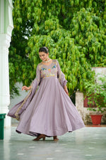 Thumbnail for Lorenvalley Fashion Onionpink Vichitra Silk with Rich Sequins Multi Thread & Zari Embroidered work Anarkali Gown with Dupatta