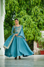 Thumbnail for Lorenvalley Fashion Skyblue Vichitra Silk with Rich Sequins Multi Thread & Zari Embroidered work Anarkali Gown with Dupatta - Distacart