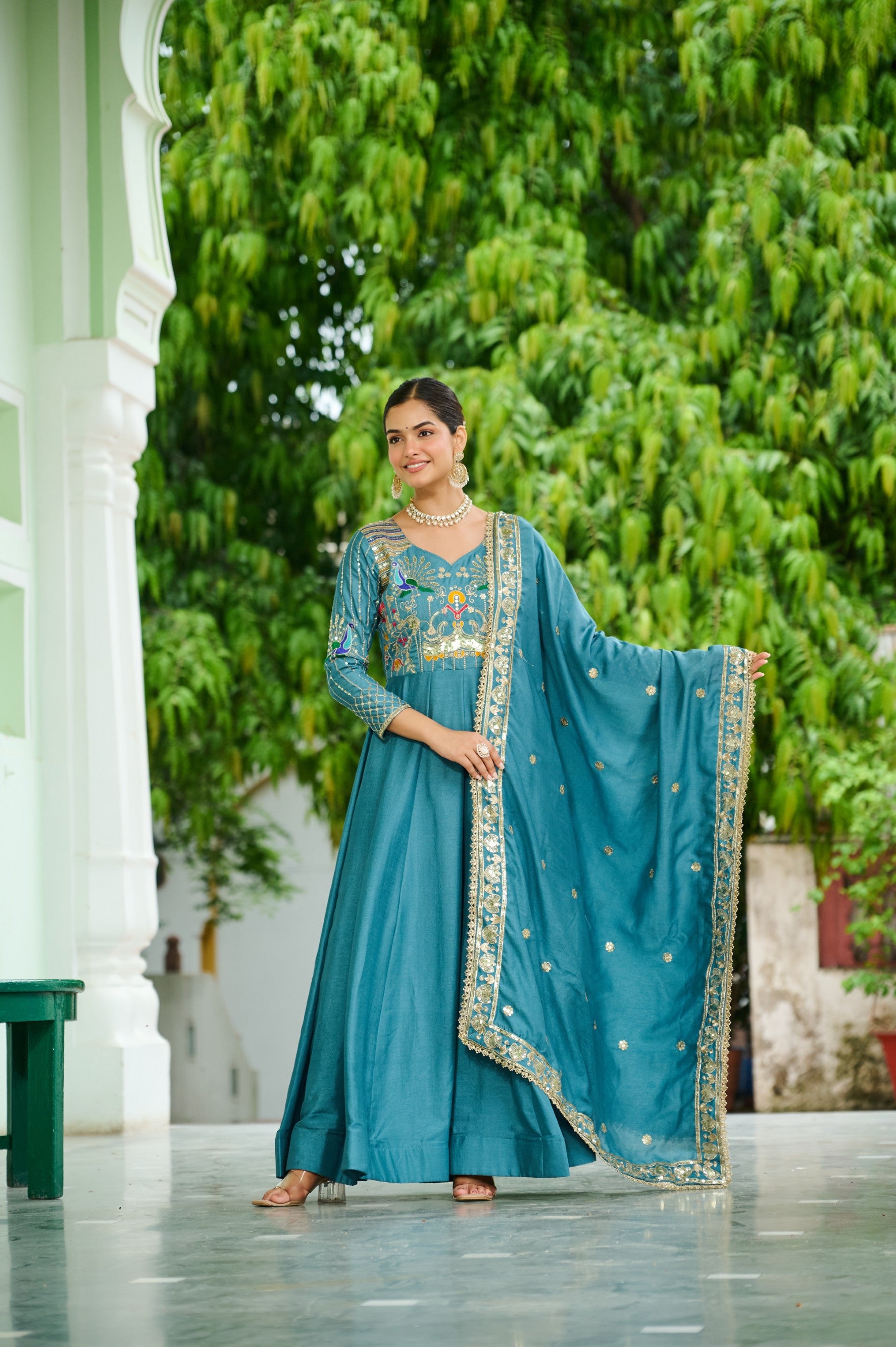 Lorenvalley Fashion Skyblue Vichitra Silk with Rich Sequins Multi Thread & Zari Embroidered work Anarkali Gown with Dupatta - Distacart
