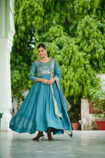 Thumbnail for Lorenvalley Fashion Skyblue Vichitra Silk with Rich Sequins Multi Thread & Zari Embroidered work Anarkali Gown with Dupatta - Distacart