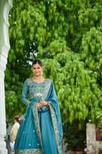 Thumbnail for Lorenvalley Fashion Skyblue Vichitra Silk with Rich Sequins Multi Thread & Zari Embroidered work Anarkali Gown with Dupatta - Distacart