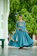 Thumbnail for Lorenvalley Fashion Skyblue Vichitra Silk with Rich Sequins Multi Thread & Zari Embroidered work Anarkali Gown with Dupatta - Distacart