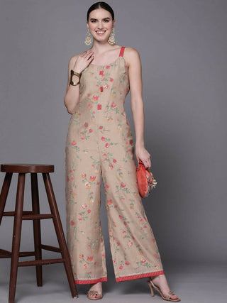 Ahalyaa Women Tan Printed Basic Jumpsuit - Distacart
