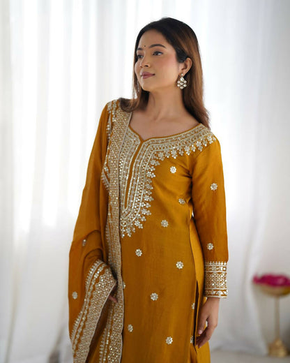 Joban Fashion Mustard Kurta Set Silk Sequins , Zari, Coding & Thread Embroidered work - Distacart