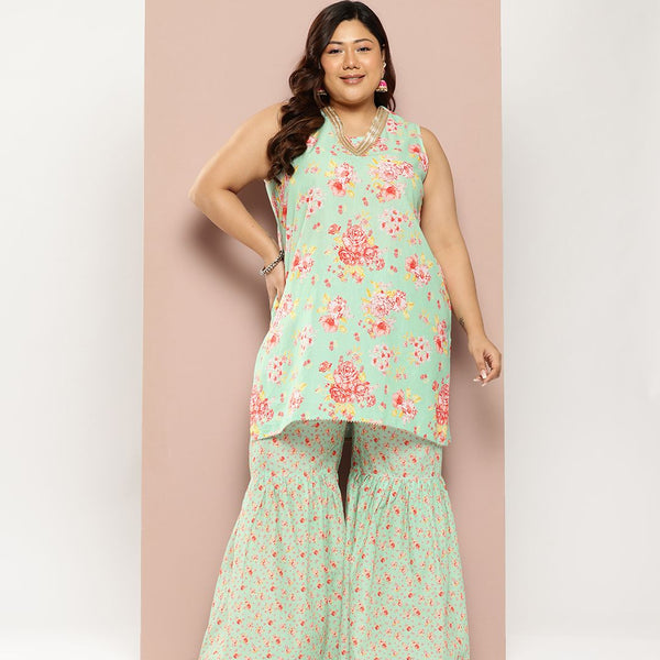 Sztori Plus Size Floral Printed Gotta Patti Pure Cotton Kurta with Sharara - Distacart